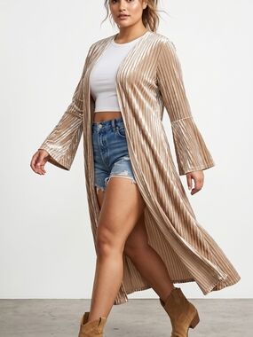 Boho Origami by Vivien Champagne Pleated Velvet Open Duster Cardigan - Size S/M